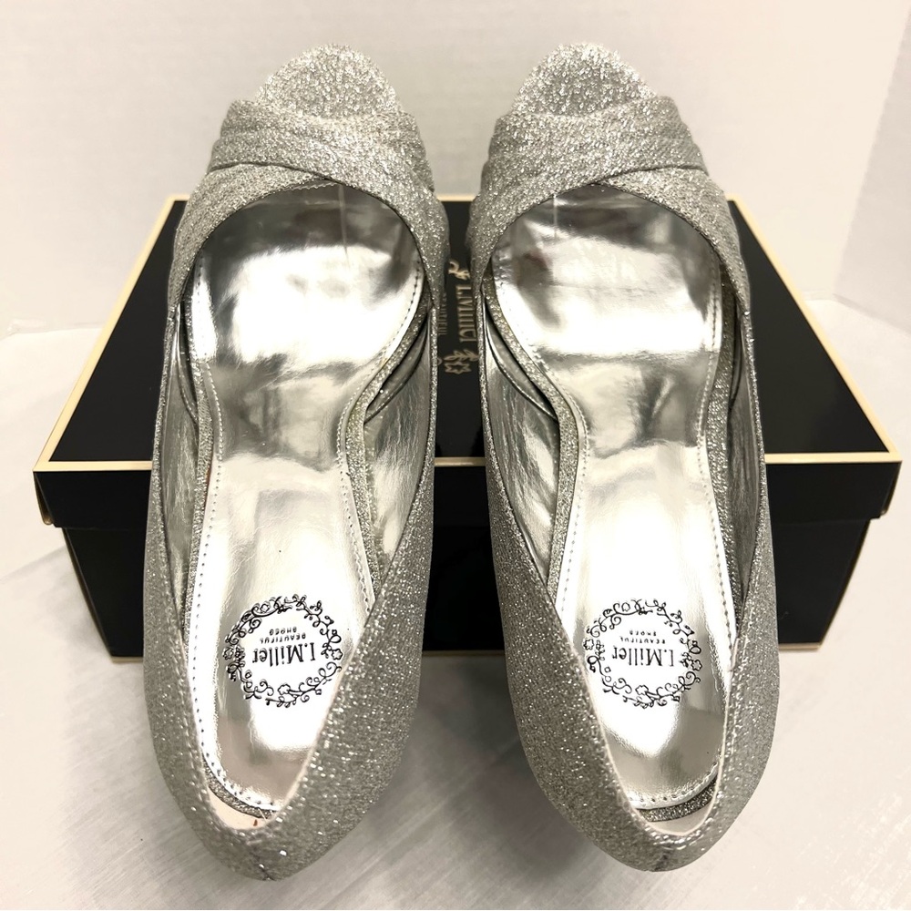 Dark Silver Sparkly Open Toe Pumps with 4" Heel Size 9M